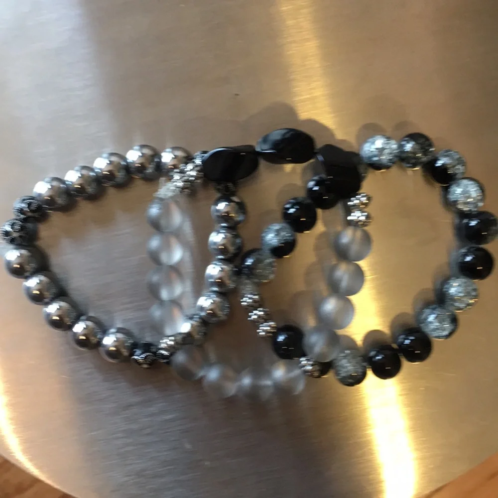 NEW BLACK/SILVER/CLEAR BEADED BRACELETS-A SET-3
